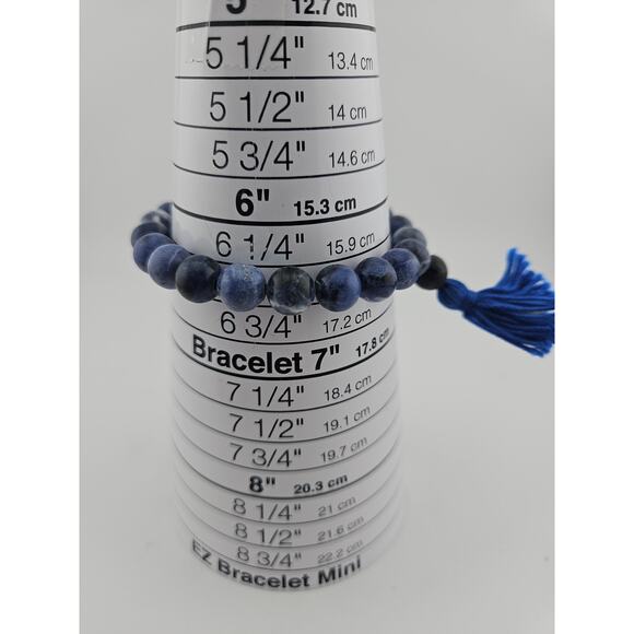 Marbled Bead Tassel Stretch Bracelet Navy Blue Natural Earthy Boho Stackable - Picture 3 of 3